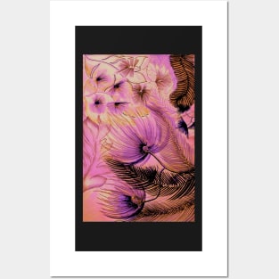 TROPICAL PINK FLORAL LARGE ABSTRACT FLOWERS FERNS PALM, Posters and Art